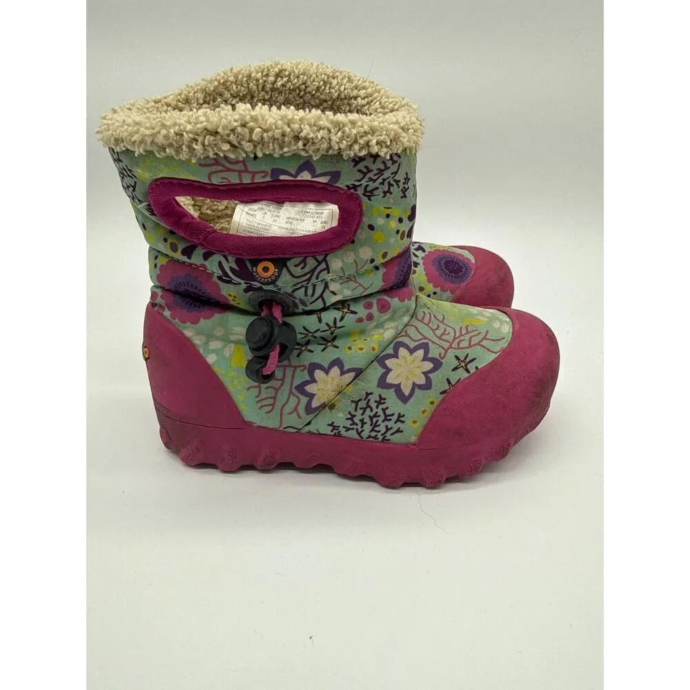 Bogs BMOC Waterproof Winter Snow Boots Fleece Floral Pink Green Toddler 7